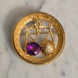 Vintage Libra Zodiac Scales Brooch Purple Crystal Gold Tone Astrology Pin